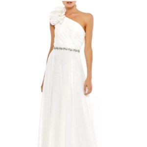 MAC DUGGAL ROSETTE APPLIQUE ONE SHOULDER CHIFFON WHITE GOWN sz 12